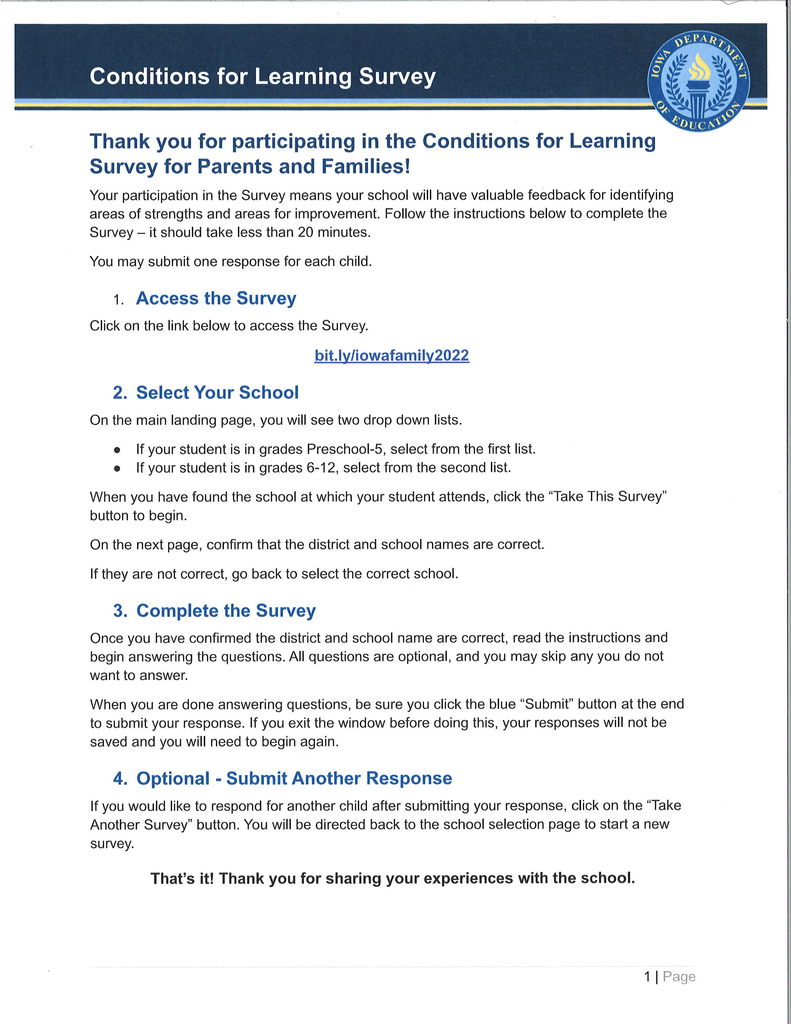 Conditions of Learning Parent Survey