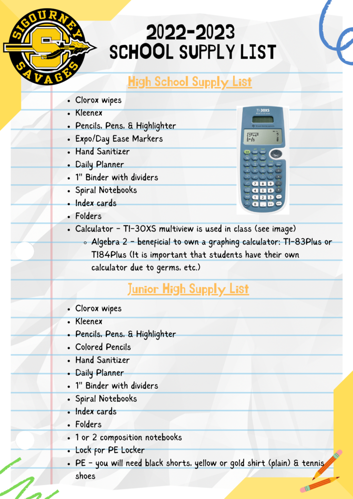 Jr/Sr High School  Supply List